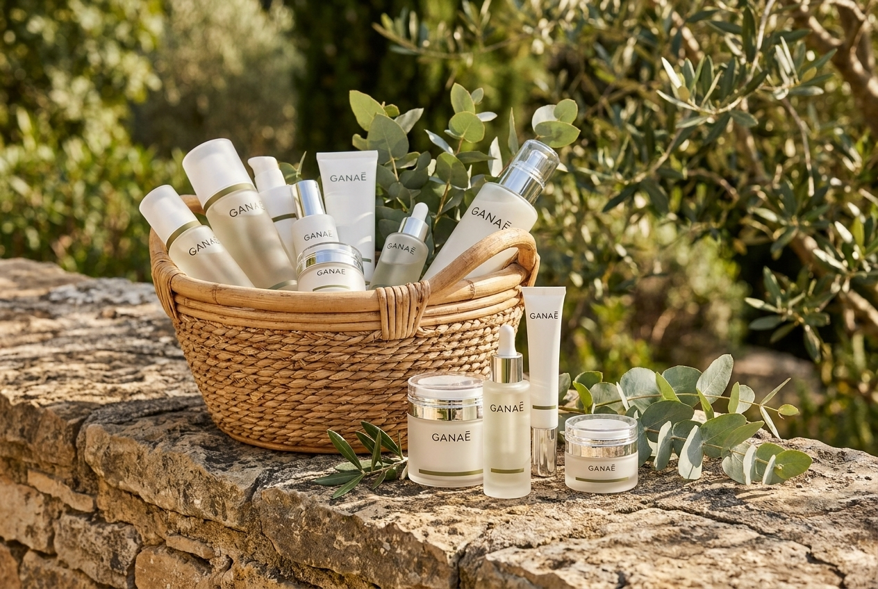 Panier en osier de produits Ganaé sur un muret en pierre — collection Best sellers