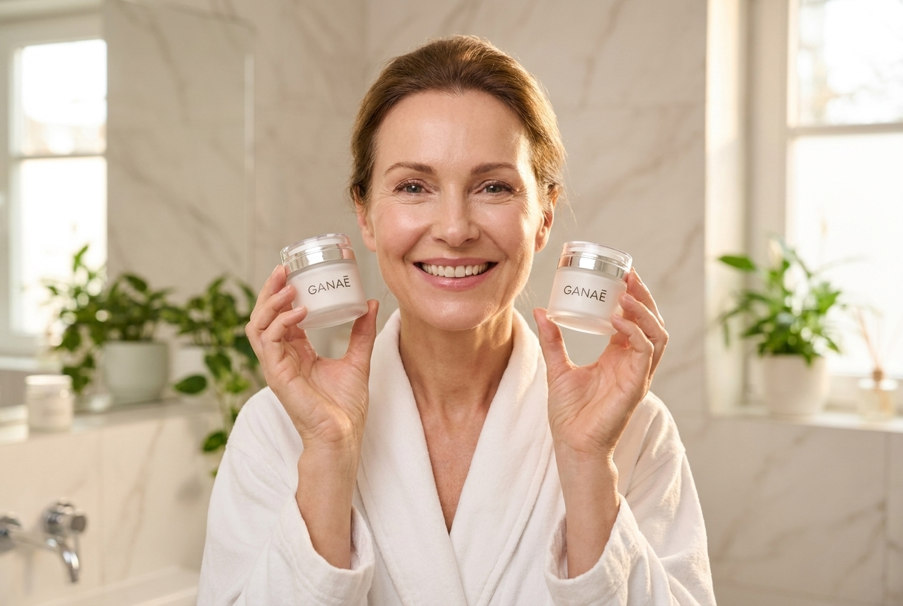 Femme heureuse dans sa salle de bain montrant deux pots de Crème Facelift+ Ganaé — Offre du moment