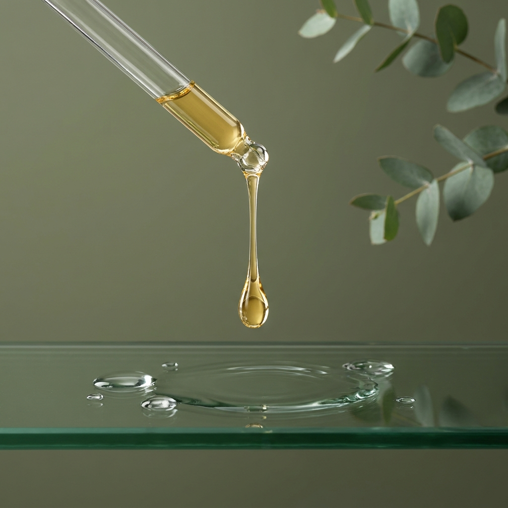 Sérum qui coule d'une pipette avec gouttes d'eau, fond olive — collection Peau sèche & déshydratée