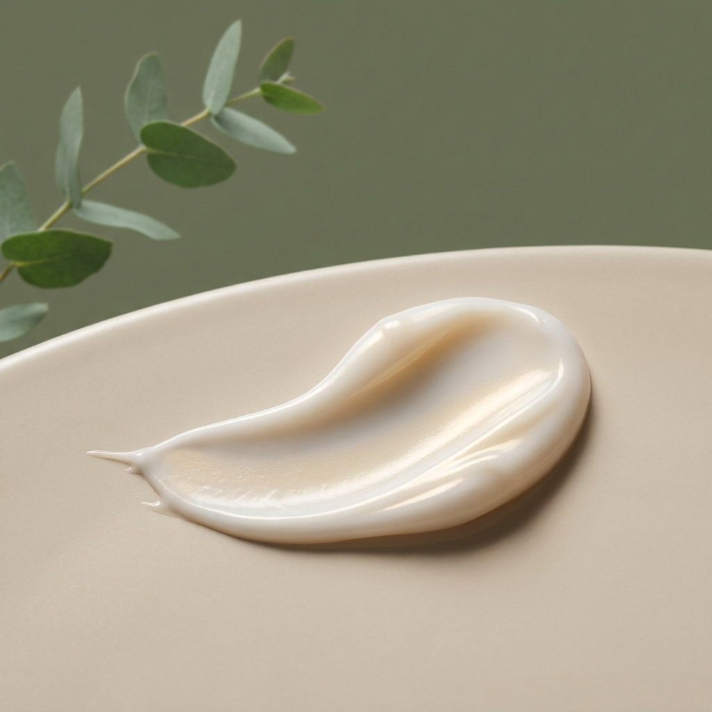 Volute de crème riche étalée, fond olive — collection Peau mature