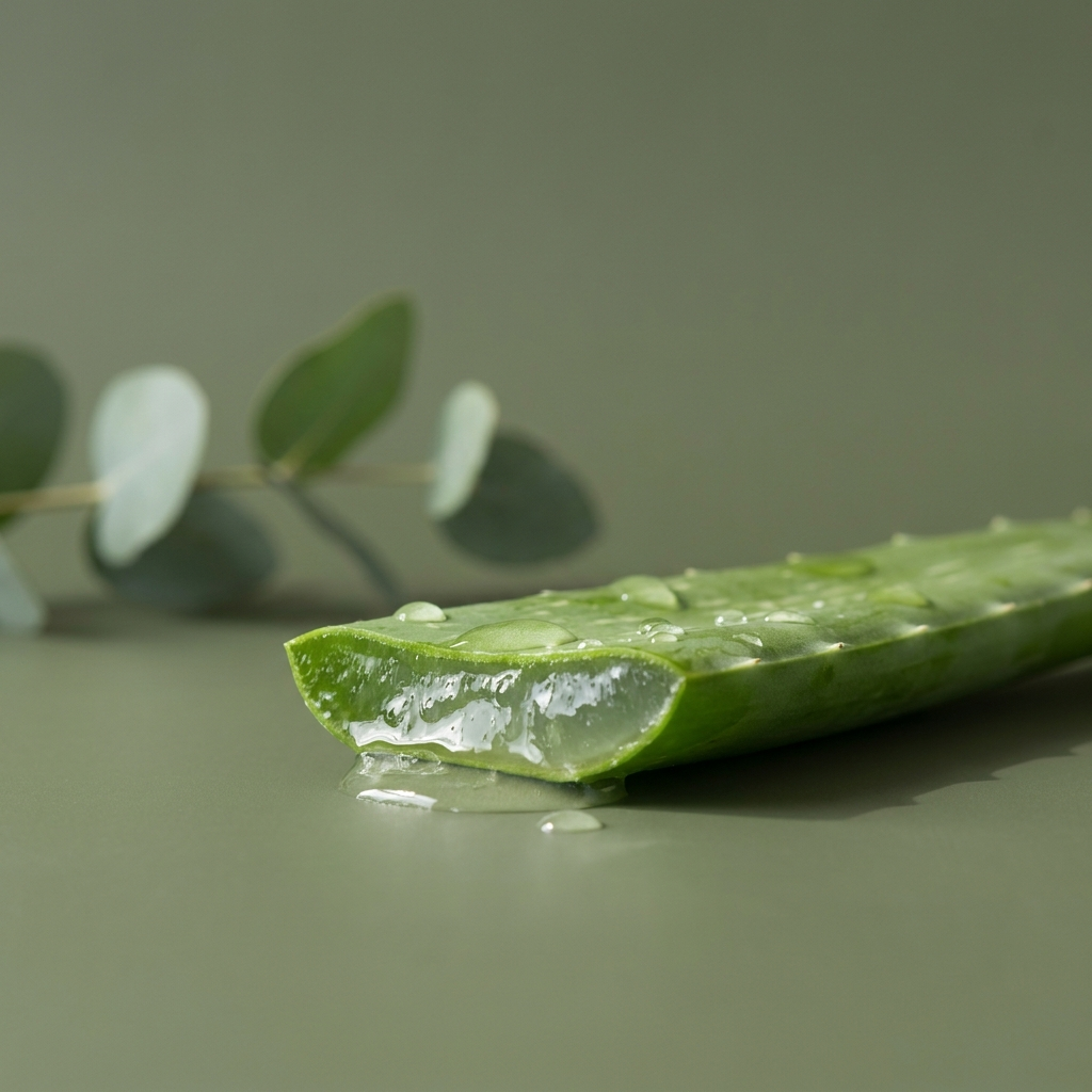 Feuille d'aloe vera coupée avec gel apaisant translucide, fond olive — collection Peau sensible