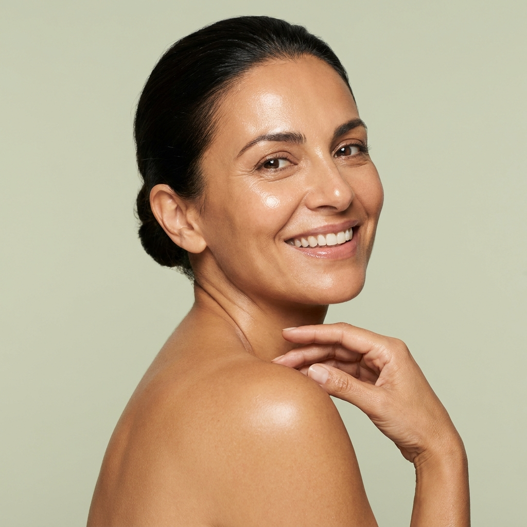 Femme méditerranéenne à la peau ferme et lumineuse, sourire, fond vert — collection Anti-âge & fermeté