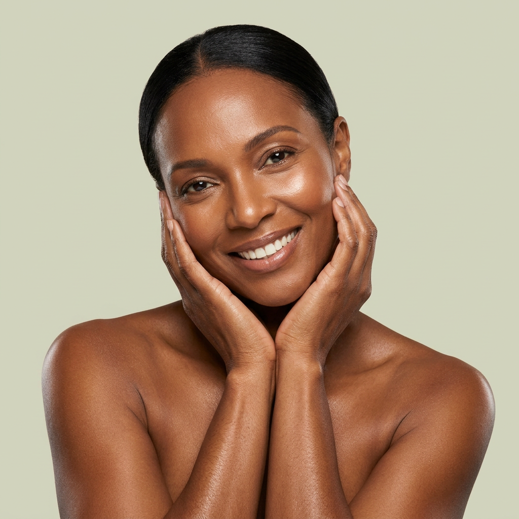 Femme à la peau lumineuse et au teint unifié, sourire, fond vert — collection Éclat & taches