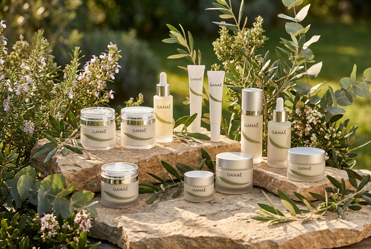 Gamme complète des produits Ganaé dans un décor nature méditerranéen — collection Tous les produits